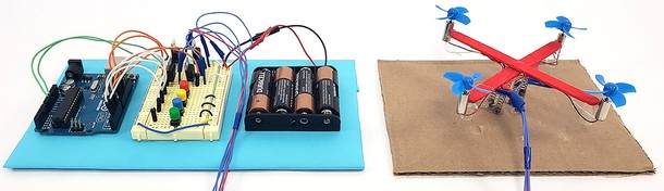 The completed setup with the drone connected to the Arduino. 