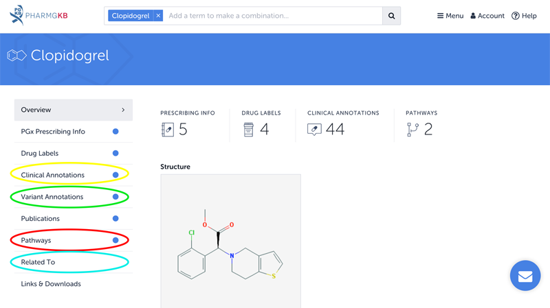 Overview of the drug Clopidogrel shows its structure and sidebar navigation for more information