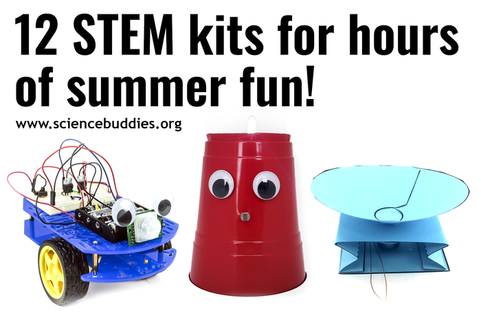 Images of bluebot robot, plastic cup night-light, and paper speaker, 3 of 12 kits highlighted for summer science experiments