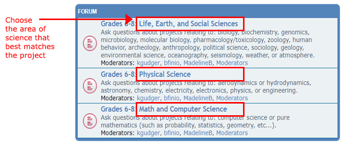 Cropped screenshot of subject specific topic posts in the Ask an Expert Grades 6-8 forum on ScienceBuddies.org