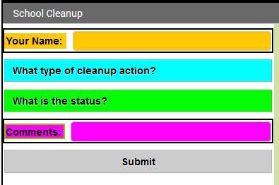 Screenshot of a cleanup project form made in the MIT app inventor at appinventor.mit.edu