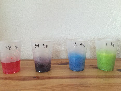 Four cups filled with different amounts of diaper filling and different color liquids.