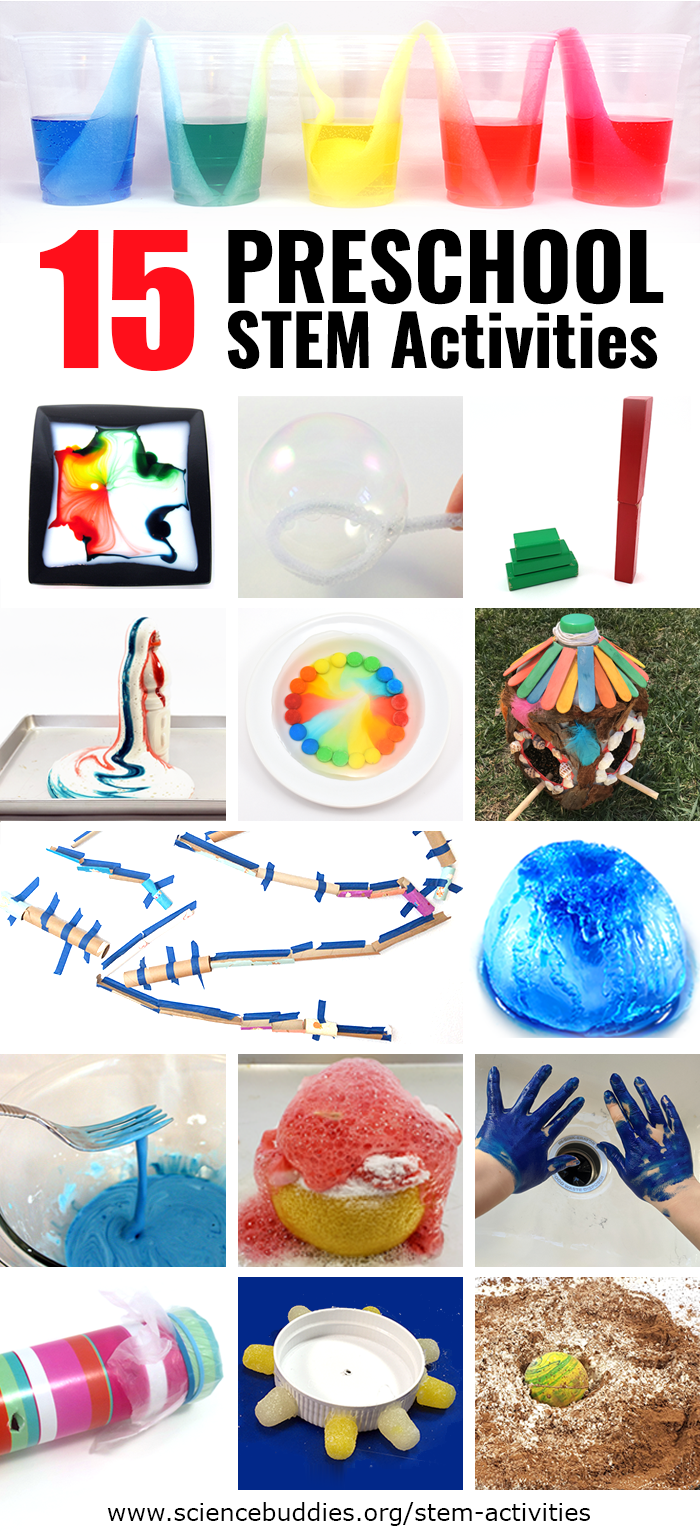 Grid of images from 15 hands-on STEM activities for preschool kids, including walking water, candy diffusion, kazoo, making craters, milk magic, and more