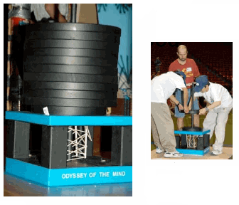 Photo of a balsa wood structure supporting weights next to a photo of students loading weights onto a balsa wood structure