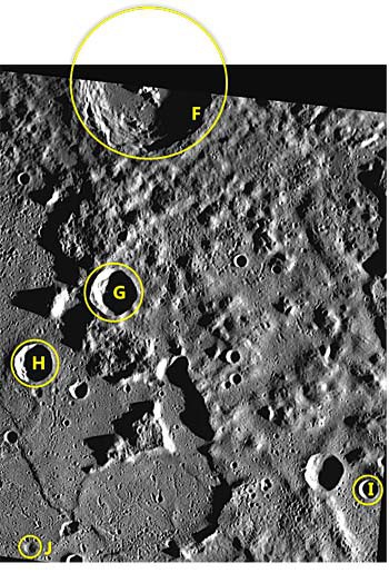 Image of various craters circled and labeled with letters to determine if they are suitable for analysis