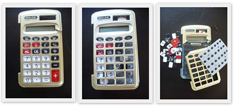 A damaged but functional calculator next to a broken and disassembled calculator