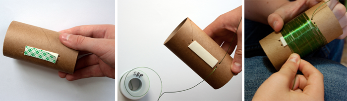 Three photos show a short section of cardboard tubing being wrapped in double sided tape and wire