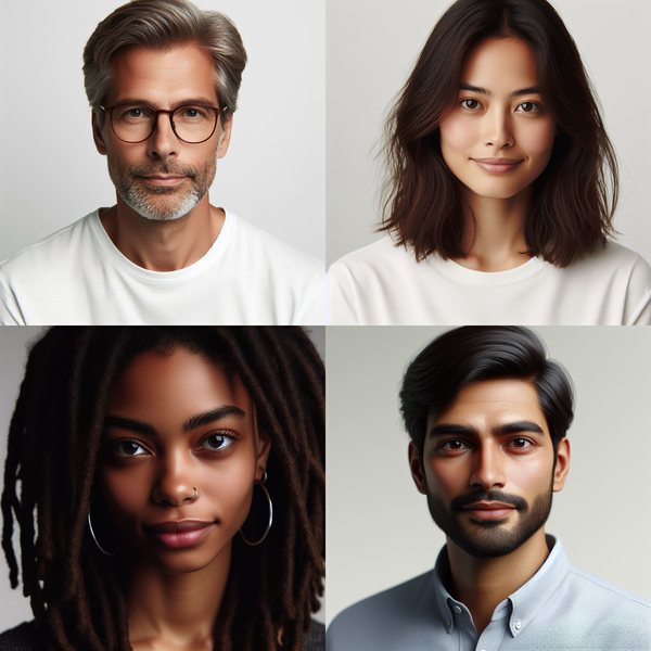 AI generated faces of a white man, Asian woman, black woman, and Indian man
