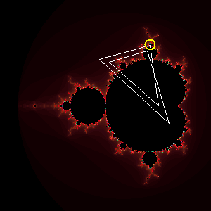 Diagram of two triangles drawn over a fractal from a Mandelbrot set