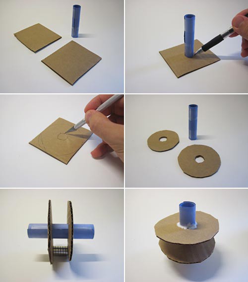 Six photos show two cardboard squares cut into the shape of washers and glued around the mid-section of a paper tube