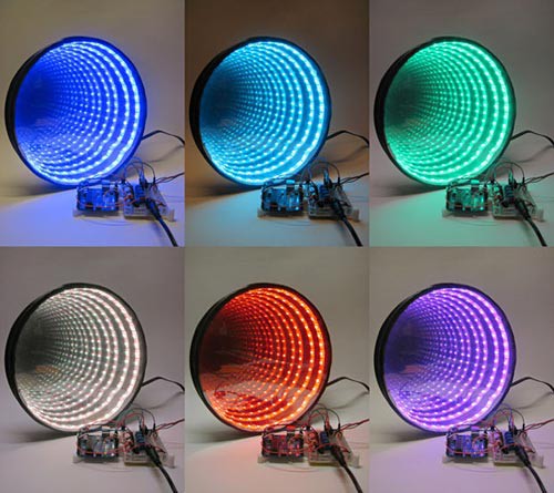 Rings of light in six different colors seem to repeat forever in a circular infinity mirror