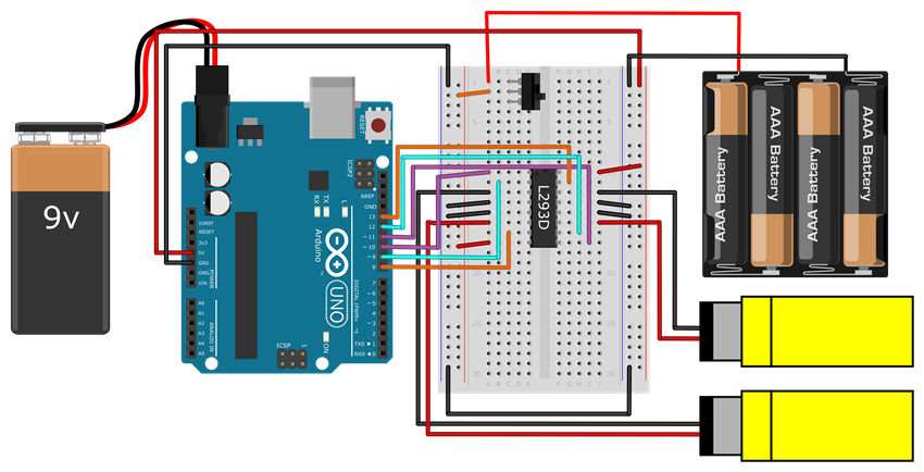  Wiring diagram for connecting the Arduino to the L293D 