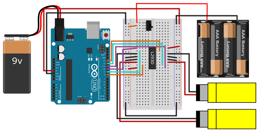 Wiring diagram for connecting the Arduino to the L293D