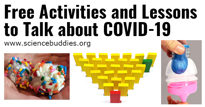 Three images from COVID-19 science activities - herd immunity with dominoes, virus and soap and water with foil, butter, and sprinkles, and model lung with plastic bottle and balloon