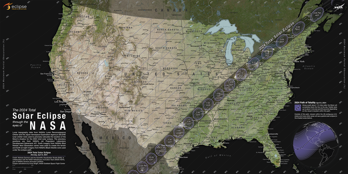 Map showing path of 2024 solar eclipse, NASA's Scientific Visualization Studio