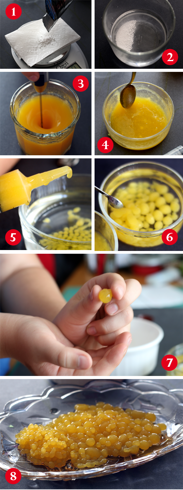 Series of images showing a student using spherification to make popping boba juice balls