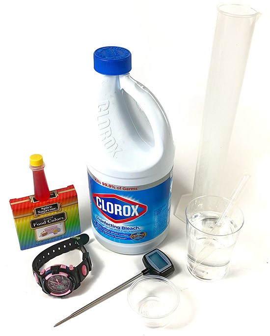 Three plastic sauce cups, food coloring, a flashlight, bottle of bleach, smartphone, pipette, beaker and thermometer