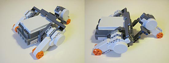 Two photos of a brace supporting the left and right motors on an upside down NXT brick