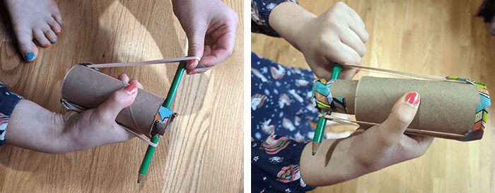Two photos showing looping of rubber bands and how to use cottonball catapult
