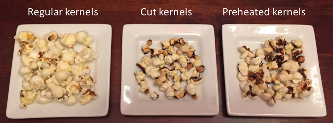 Three plates of popcorn: the first made from whole kernels, the second from cut kernels, and the third from preheated kernels.