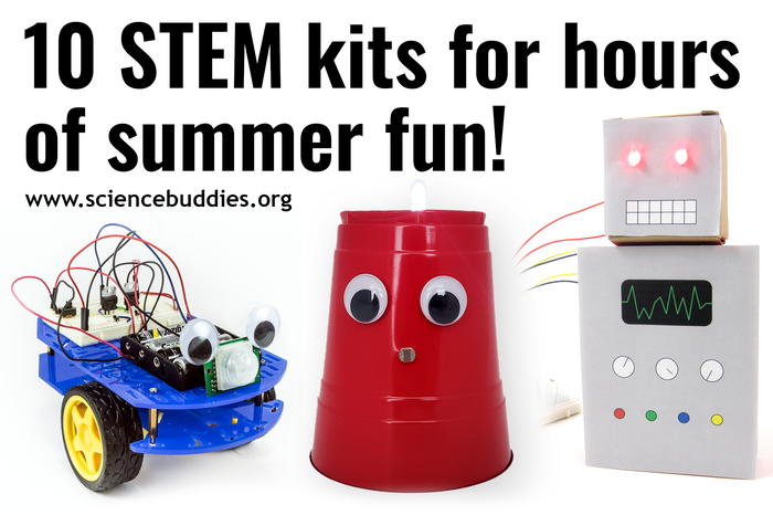 Images of bluebot robot, plastic cup night-light, and digital toy made with Raspberry Pi and Scratch, 3 of 10 kits highlighted for summer science experiments