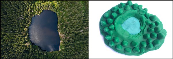 images showing a lake in a forest on the left and a play dough model of the lake in a forest on the right.