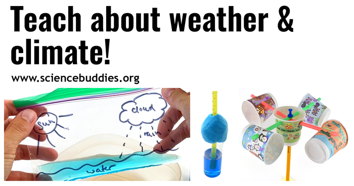 Water cycle model in a plastic bag, homemade thermometer, and anemometer made from small cups to represent collection of STEM lessons and activities to teach about weather