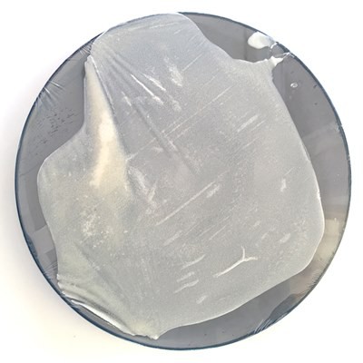 Plate with plastic wrap and a slightly translucent round sheet sticking to it.