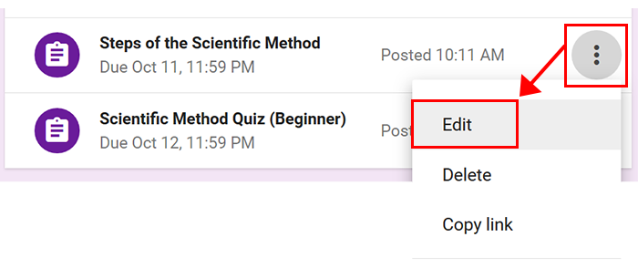 Cropped screenshot of an edit button for an assignment in Google Classroom