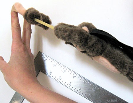 Rubber arms of a stuffed toy monkey are stretched