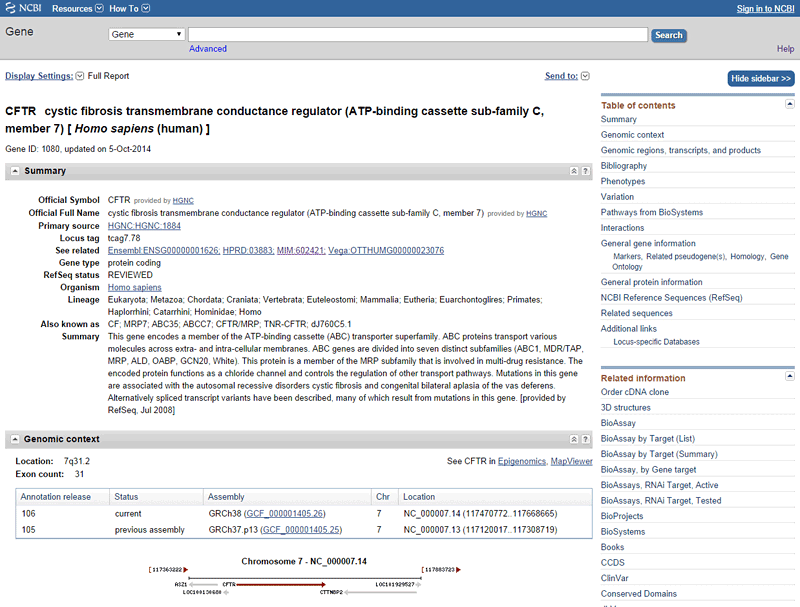 Screenshot of the gene page for CFTR on the ncbi.nlm.nih.gov website