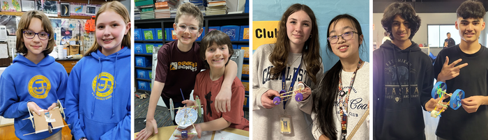 Collage of K-12 students with the rubber band car  devices they built for the 2024 Science Buddies Engineering Challenge