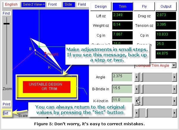 Screenshot of a warning message for unstable design or trim in the Kite Simulator program