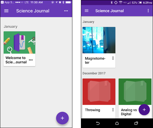 Two screenshots of the Google Science Journal app opened on a smartphone
