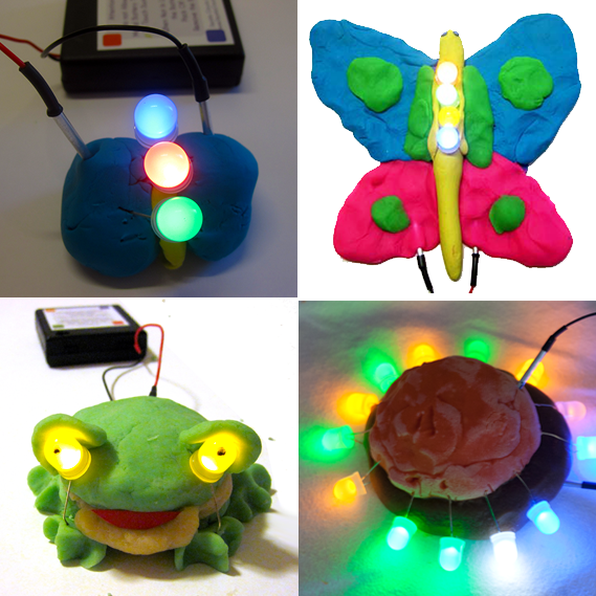 Butterfly, frog, and other light-up examples made with electric play dough kit