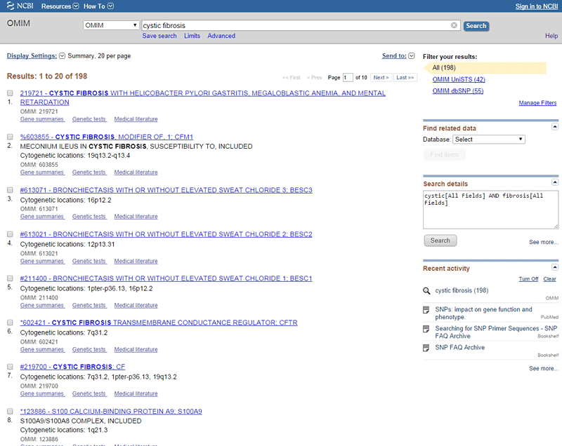 Screenshot of search results on the website ncbi.nlm.nih.gov/omim