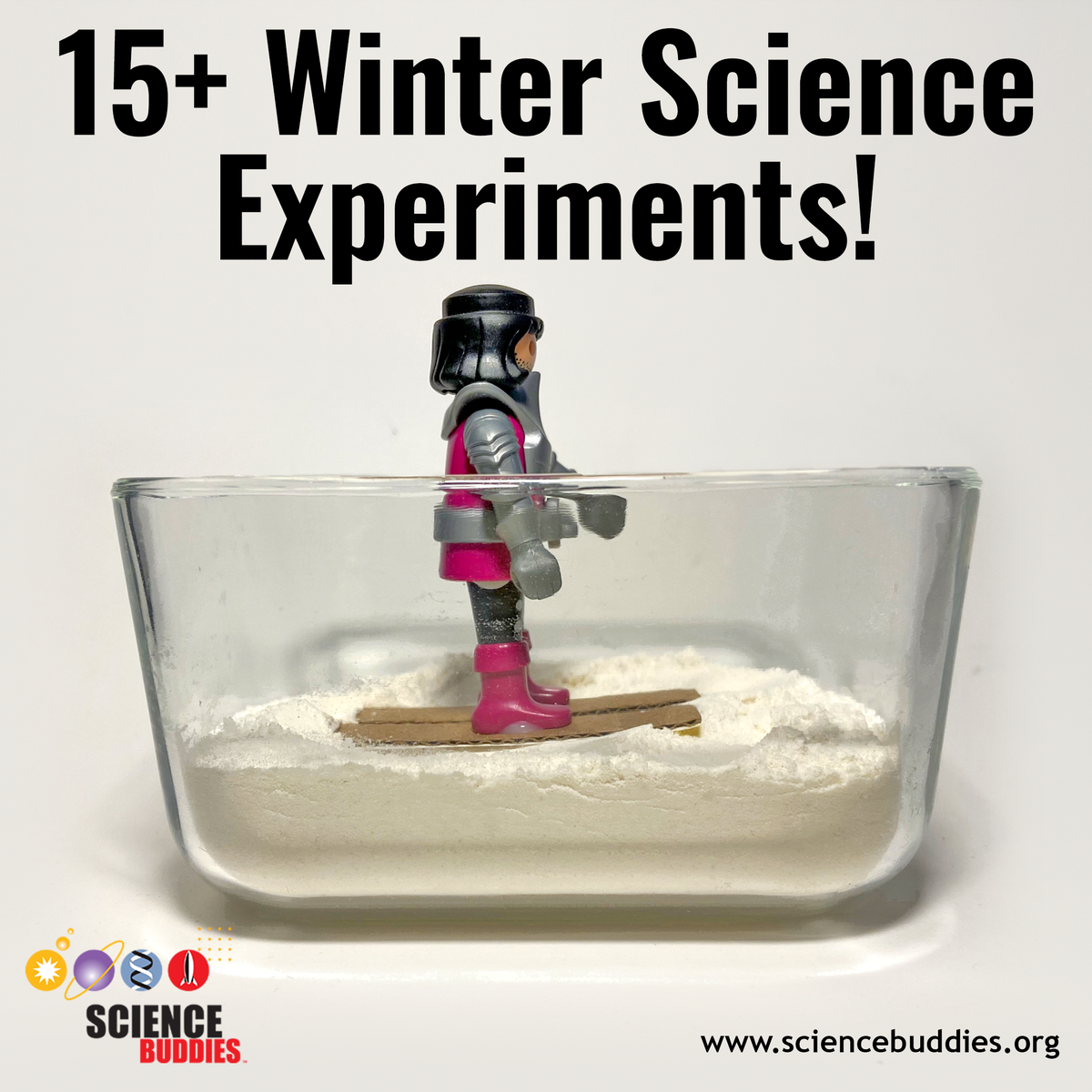 Toy figure on cardboard skis in a container of flour pretend snow for Winter Science Activity at Science Buddies