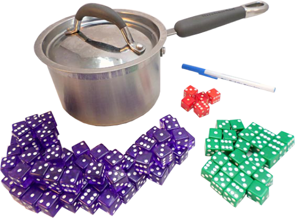 A pot with a lid, a pen and three piles of 6-sided dice separated by color, seventy purple, twenty-five green and five red