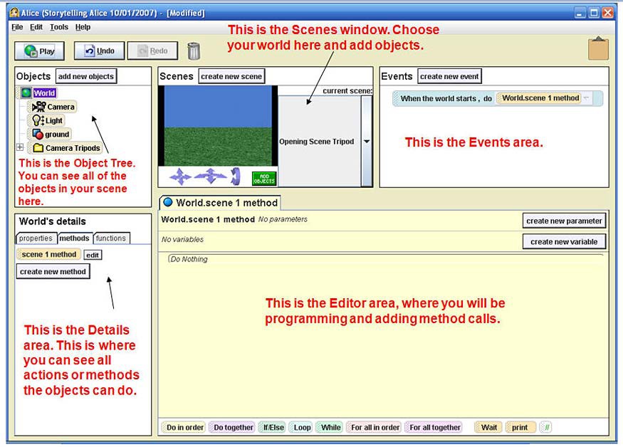 A scene building window in Storytelling Alice with options to program the scene