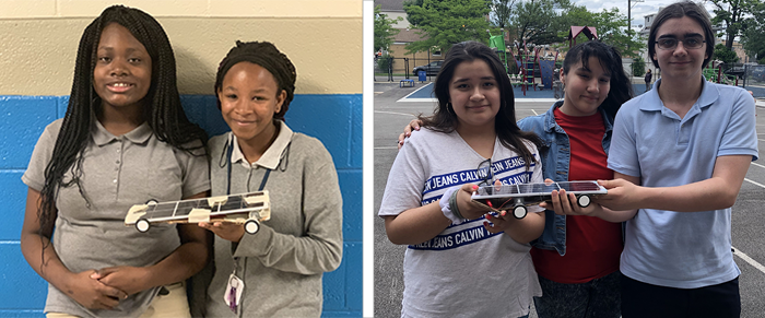 Two photos of student groups holding a solar-powered car