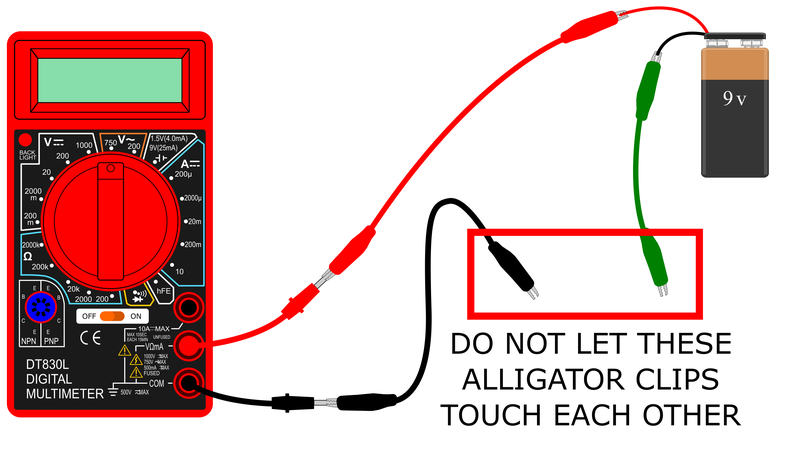 circuit connections to multimeter and battery