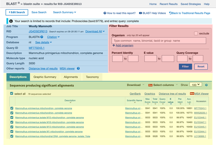 Results from a BLAST search generate a graph of alignment scores and a result list of matching accessions