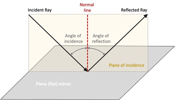 Schematic diagram that illustrates the Law of reflection.