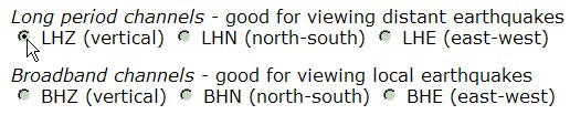 List of channels that are selectable on the website earthquake.usgs.gov