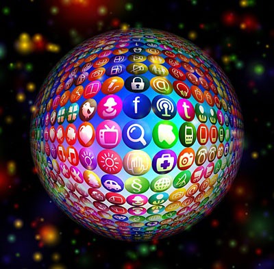 A sphere covered with social media icons