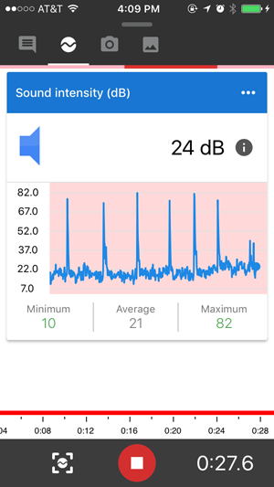 Screenshot of a recording for a sound intensity sensor card in the Google Science Journal app