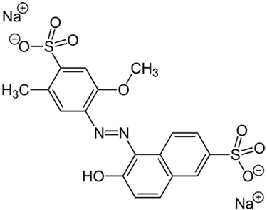 Chemical structure of Red 40, a salt that contains sulfur trioxide groups