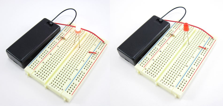 Two photos of a breadboard with a lit LED in the left photo and a jumper wire in the wrong row in the right photo