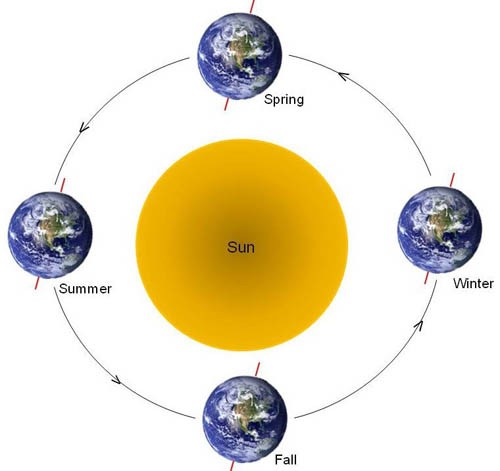 Drawing of the Earth tilted on its axis at four different positions around the sun