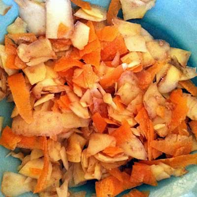 Fresh carrot and potato peelings in a bowl